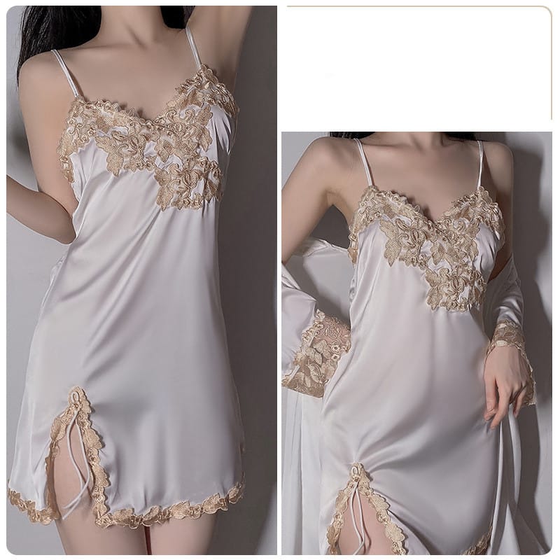 Sling Pajamas Women's Satin Lace Slit Belt Robe Homewear Set - Image 7