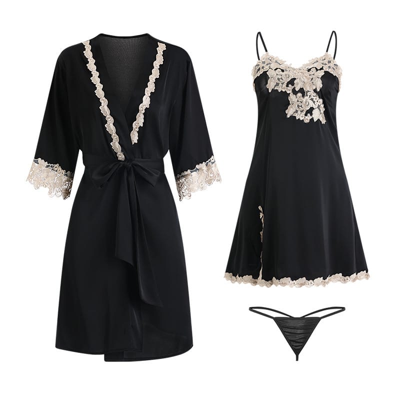 Sling Pajamas Women's Satin Lace Slit Belt Robe Homewear Set - Image 5