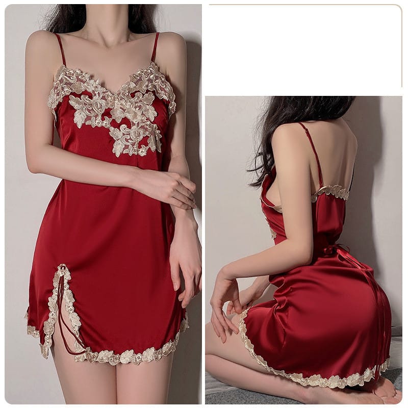 Sling Pajamas Women's Satin Lace Slit Belt Robe Homewear Set - Image 8