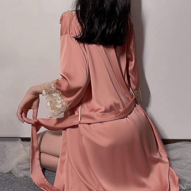 Sling Pajamas Women's Satin Lace Slit Belt Robe Homewear Set - Image 3